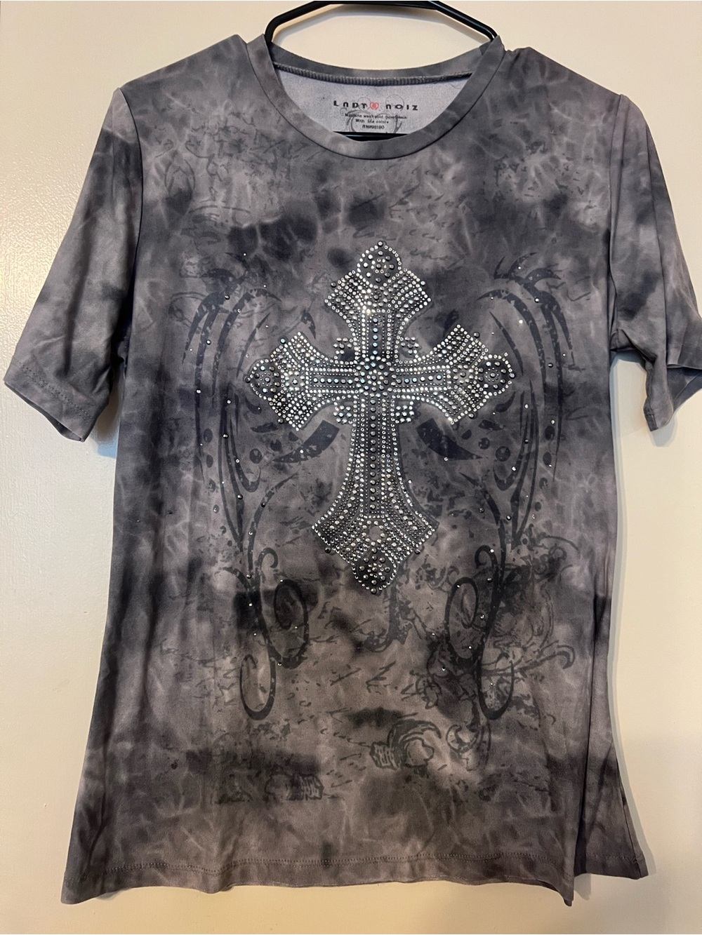 Lady Noiz Women's Gray Tie-Dye Short Sleeve Tee with Studded Cross